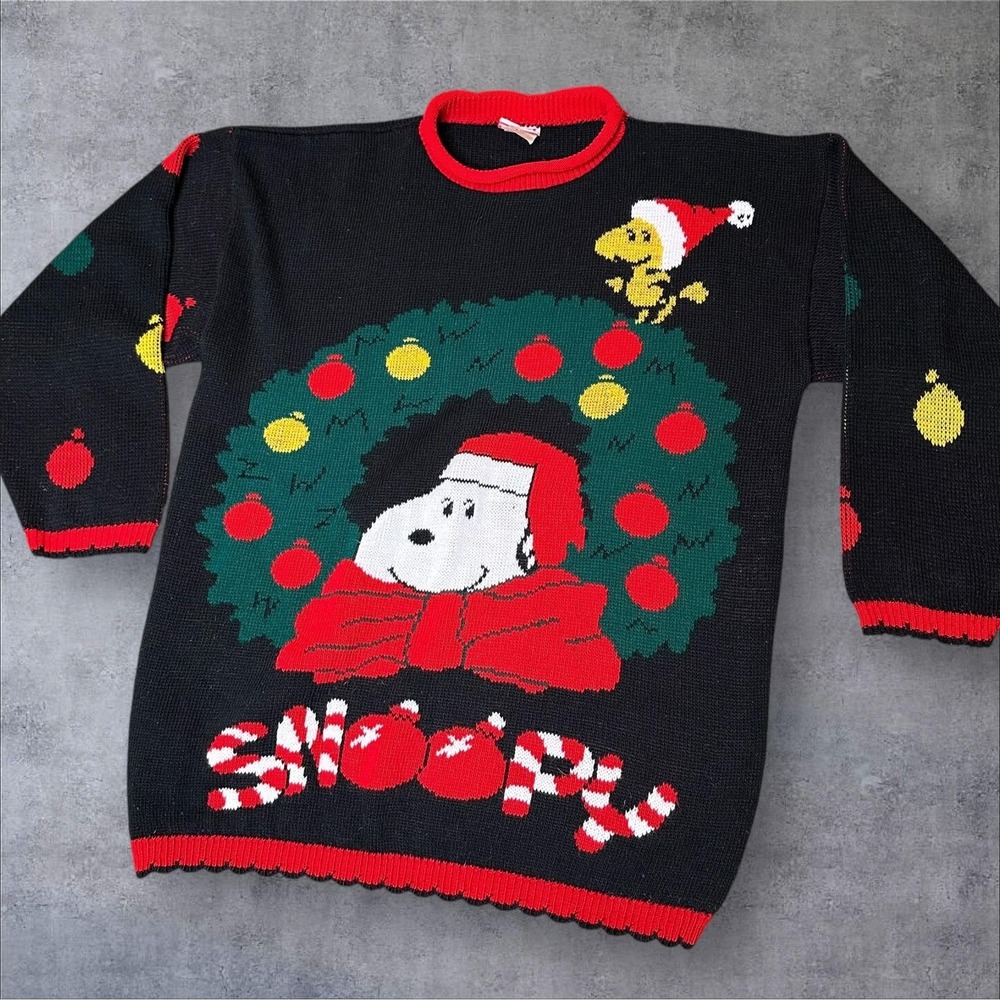 Vintage Snoopy Sweater Womens Large Christmas Wreath Woodstock USA 90s
